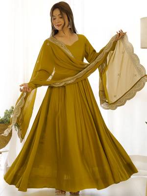 Ravishing Mustard Yellow Silk Anarkali Pant Suit With Sequins Dupatta 2