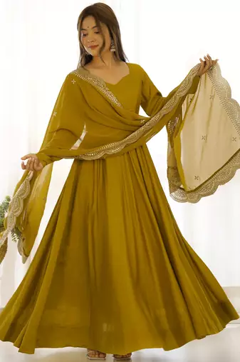 Ravishing Mustard Yellow Silk Anarkali Pant Suit With Sequins Dupatta