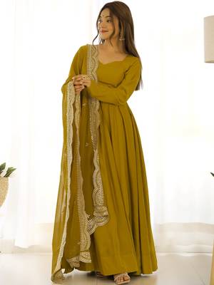 Ravishing Mustard Yellow Silk Anarkali Pant Suit With Sequins Dupatta 3
