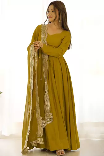 Ravishing Mustard Yellow Silk Anarkali Pant Suit With Sequins Dupatta