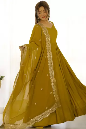 Ravishing Mustard Yellow Silk Anarkali Pant Suit With Sequins Dupatta