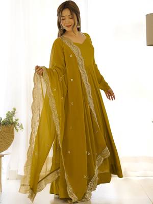 Ravishing Mustard Yellow Silk Anarkali Pant Suit With Sequins Dupatta 5