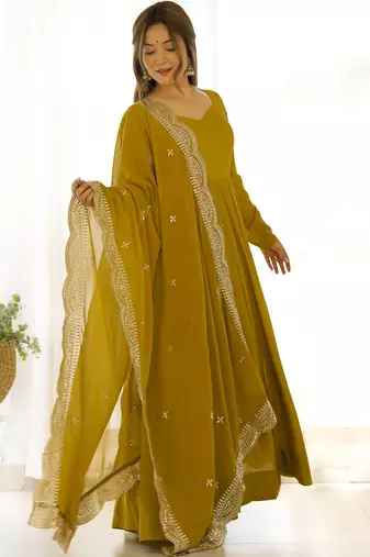 Ravishing Mustard Yellow Silk Anarkali Pant Suit With Sequins Dupatta