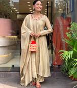 Women's stylish embroidered  chanderi kurta set with pant & dupatta