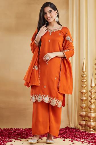 Elegant stylish orange vichitra silk kurta palazzo set with embroidered neck & dupatta