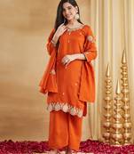 Elegant stylish orange vichitra silk kurta palazzo set with embroidered neck & dupatta