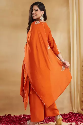 Elegant stylish orange vichitra silk kurta palazzo set with embroidered neck & dupatta