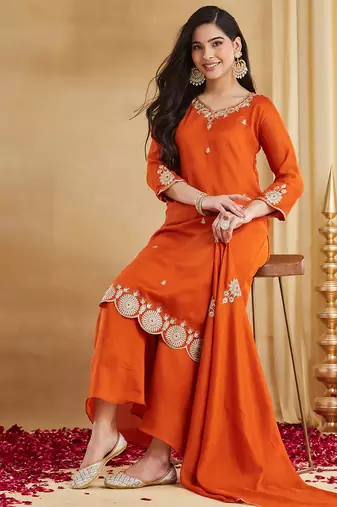 Elegant stylish orange vichitra silk kurta palazzo set with embroidered neck & dupatta