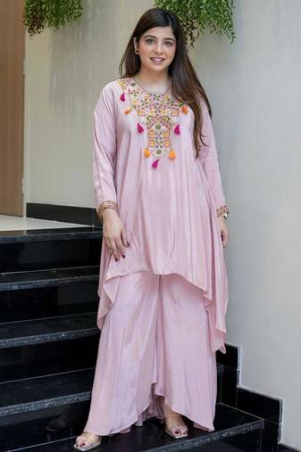 Elegant baby pink  crepe kurta palazzo set with embroidered yoke