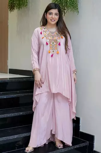 Elegant baby pink  crepe kurta palazzo set with embroidered yoke