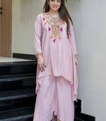 Elegant baby pink  crepe kurta palazzo set with embroidered yoke