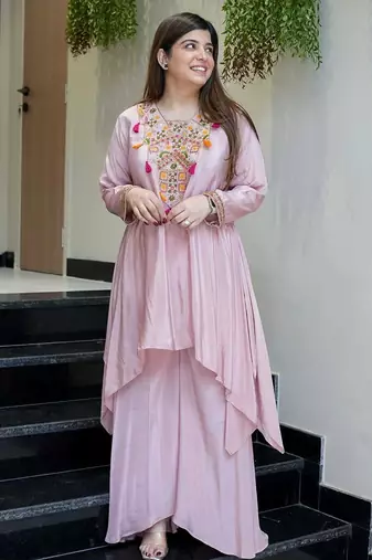  baby pink crepe kurta palazzo set with embroidered yoke