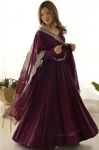 Superior Wine Silk Anarkali Pant Suit With Embroidered Dupatta
