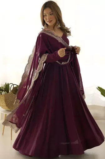 Superior Wine Silk Anarkali Pant Suit With Embroidered Dupatta