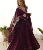 Superior Wine Silk Anarkali Pant Suit With Embroidered Dupatta