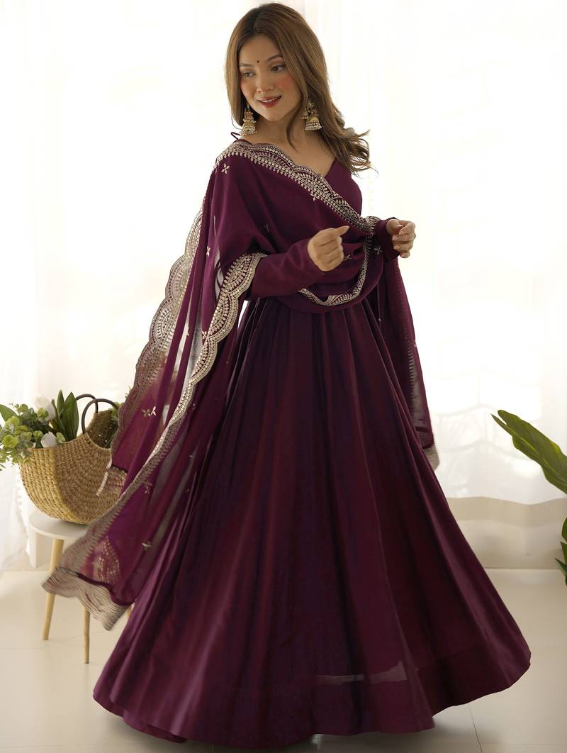 Superior Wine Silk Anarkali Pant Suit With Embroidered Dupatta