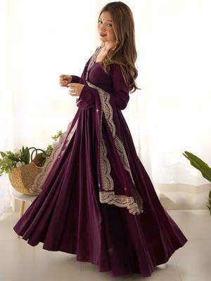 Superior Wine Silk Anarkali Pant Suit With Embroidered Dupatta 3