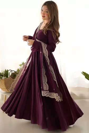 Superior Wine Silk Anarkali Pant Suit With Embroidered Dupatta