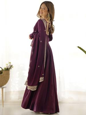 Superior Wine Silk Anarkali Pant Suit With Embroidered Dupatta 4