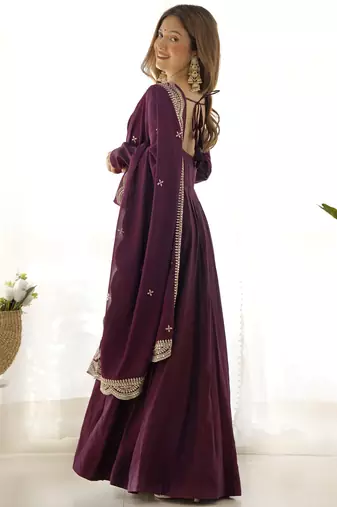 Superior Wine Silk Anarkali Pant Suit With Embroidered Dupatta