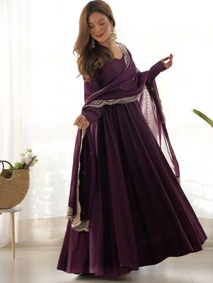 Superior Wine Silk Anarkali Pant Suit With Embroidered Dupatta 5
