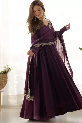 Superior Wine Silk Anarkali Pant Suit With Embroidered Dupatta