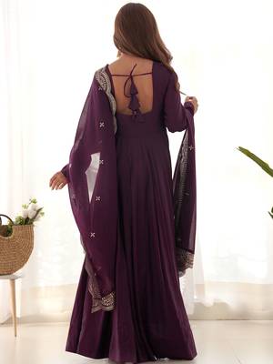 Superior Wine Silk Anarkali Pant Suit With Embroidered Dupatta 6