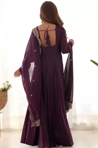 Superior Wine Silk Anarkali Pant Suit With Embroidered Dupatta