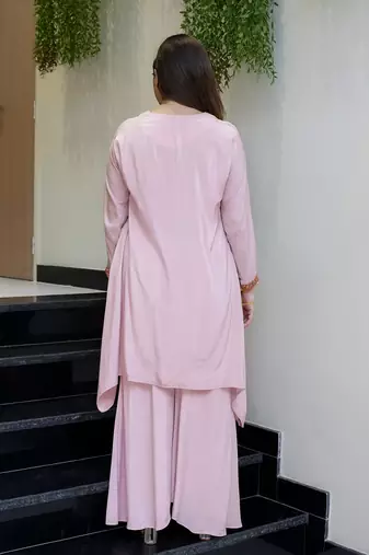  baby pink crepe kurta palazzo set with embroidered yoke