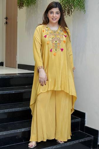 Elegant  yellow  crepe kurta palazzo set with embroidered yoke