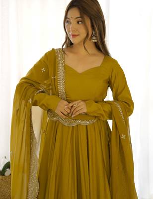 Ravishing Mustard Yellow Silk Anarkali Pant Suit With Sequins Dupatta 6