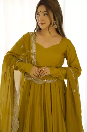 Ravishing Mustard Yellow Silk Anarkali Pant Suit With Sequins Dupatta