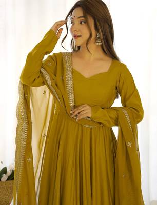 Ravishing Mustard Yellow Silk Anarkali Pant Suit With Sequins Dupatta 7