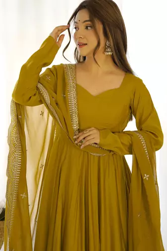 Ravishing Mustard Yellow Silk Anarkali Pant Suit With Sequins Dupatta