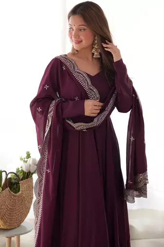 Superior Wine Silk Anarkali Pant Suit With Embroidered Dupatta