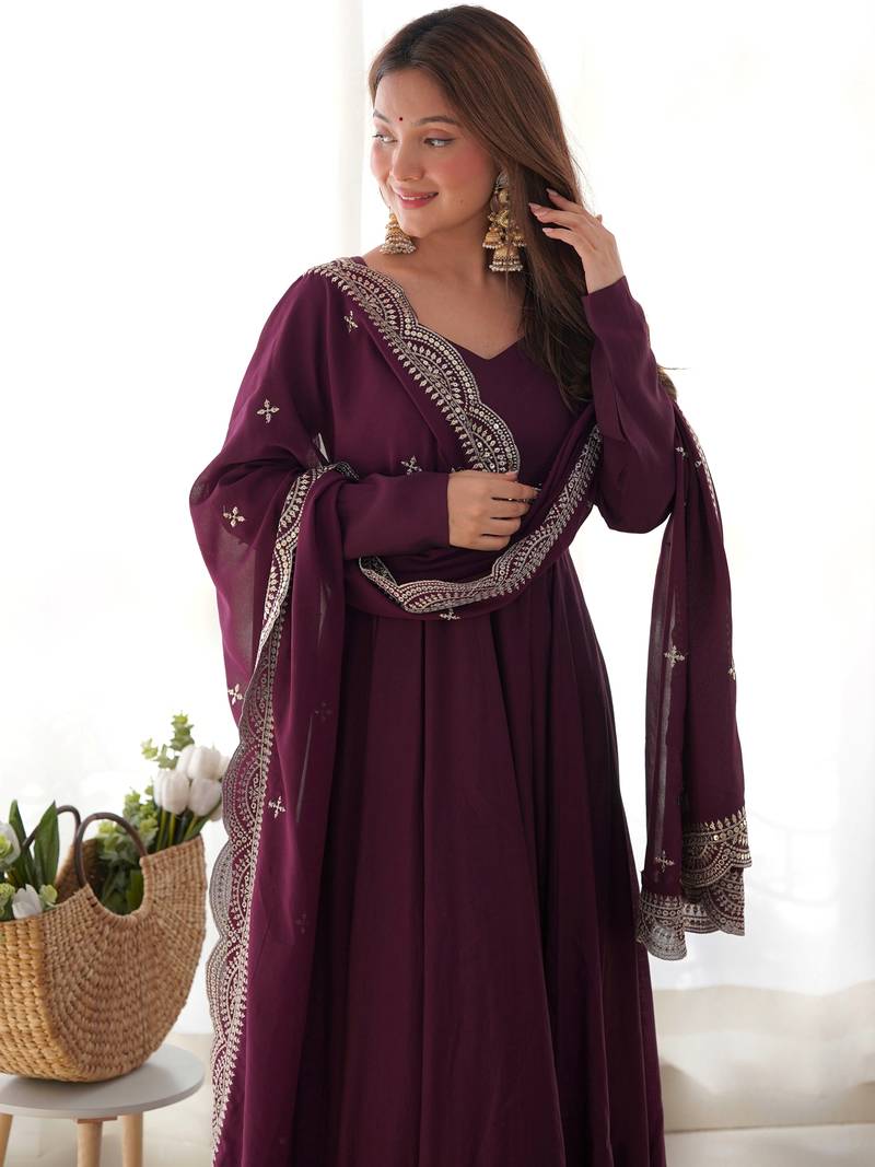 Superior Wine Silk Anarkali Pant Suit With Embroidered Dupatta