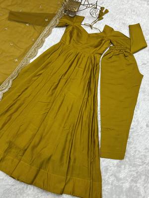 Ravishing Mustard Yellow Silk Anarkali Pant Suit With Sequins Dupatta 8