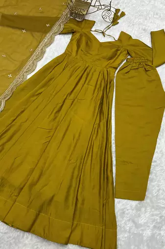Ravishing Mustard Yellow Silk Anarkali Pant Suit With Sequins Dupatta