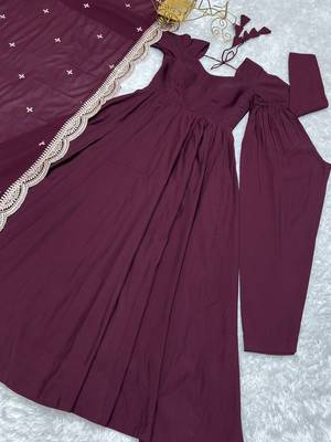 Superior Wine Silk Anarkali Pant Suit With Embroidered Dupatta 8