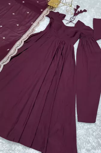 Superior Wine Silk Anarkali Pant Suit With Embroidered Dupatta