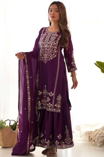 Attractive Purple Embroidered Chinon Wedding Wear Sharara Suit