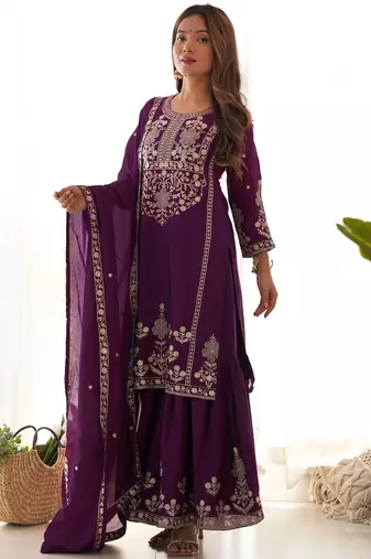 Attractive Purple Embroidered Chinon Wedding Wear Sharara Suit