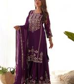 Attractive Purple Embroidered Chinon Wedding Wear Sharara Suit