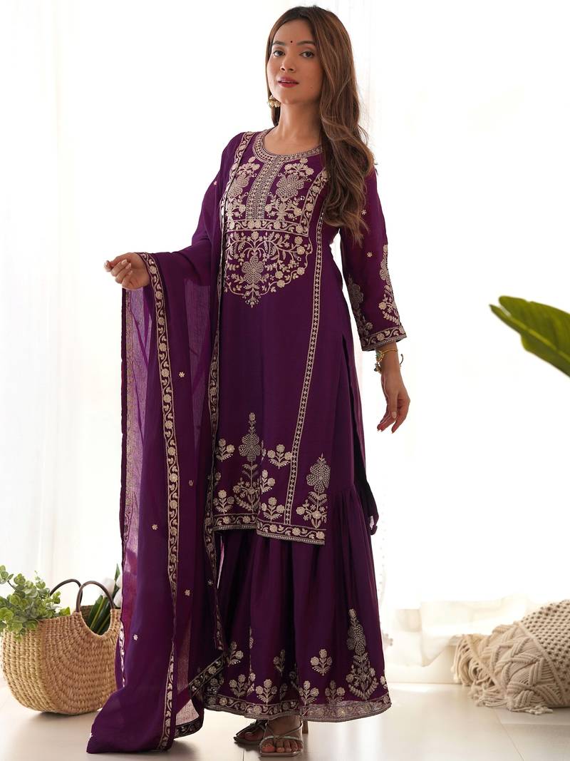Attractive Purple Embroidered Chinon Wedding Wear Sharara Suit