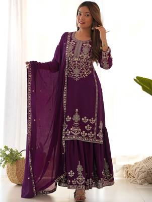 Attractive Purple Embroidered Chinon Wedding Wear Sharara Suit 3