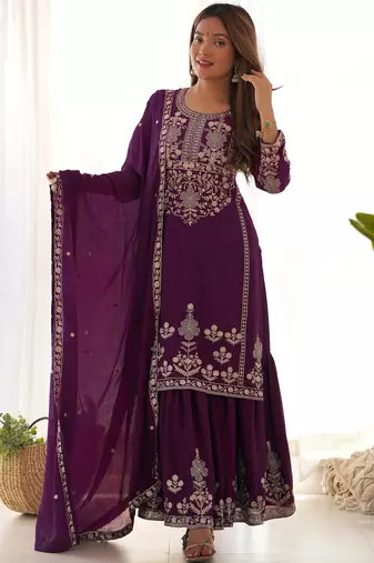 Attractive Purple Embroidered Chinon Wedding Wear Sharara Suit