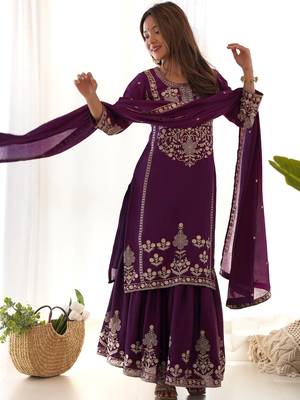 Attractive Purple Embroidered Chinon Wedding Wear Sharara Suit 4