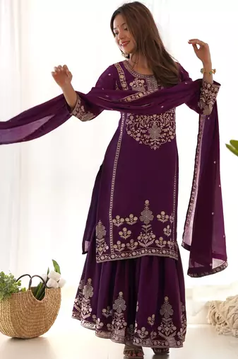 Attractive Purple Embroidered Chinon Wedding Wear Sharara Suit