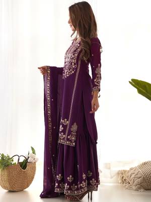 Attractive Purple Embroidered Chinon Wedding Wear Sharara Suit 5
