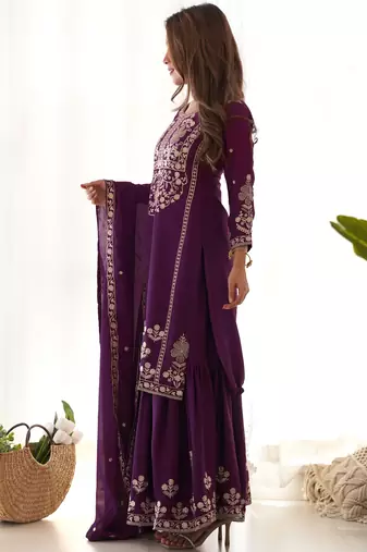 Attractive Purple Embroidered Chinon Wedding Wear Sharara Suit